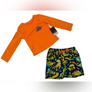 Okie Dokie Kids Orange and Blue Dinosaur Rashguard Swim Shorts Set Baby 12 mo
